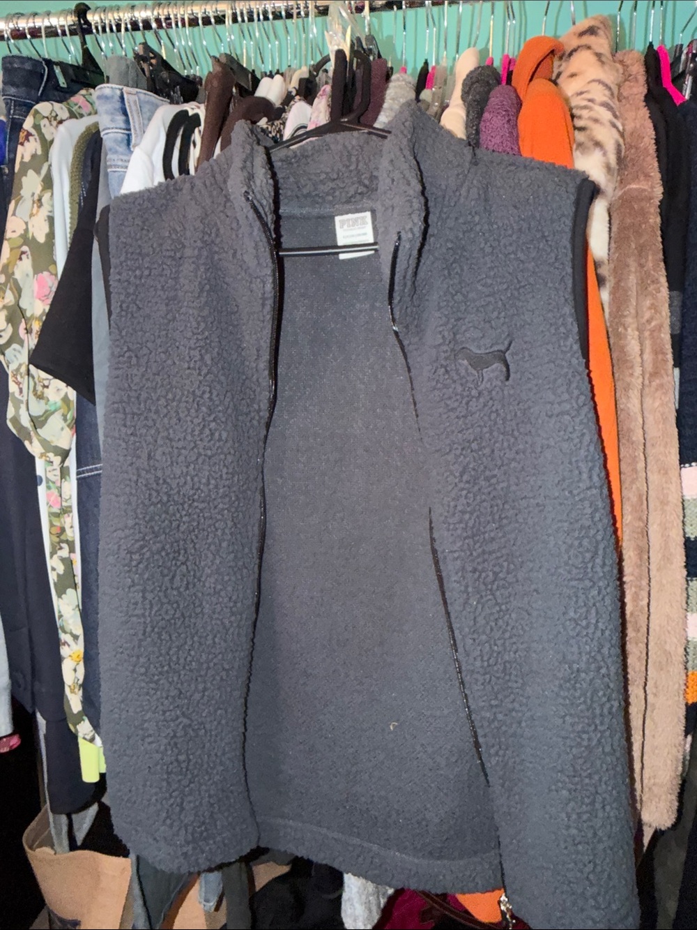 PINK by Victoria's Secret Charcoal Gray Sherpa Fleece Vest - Picture 3 of 7